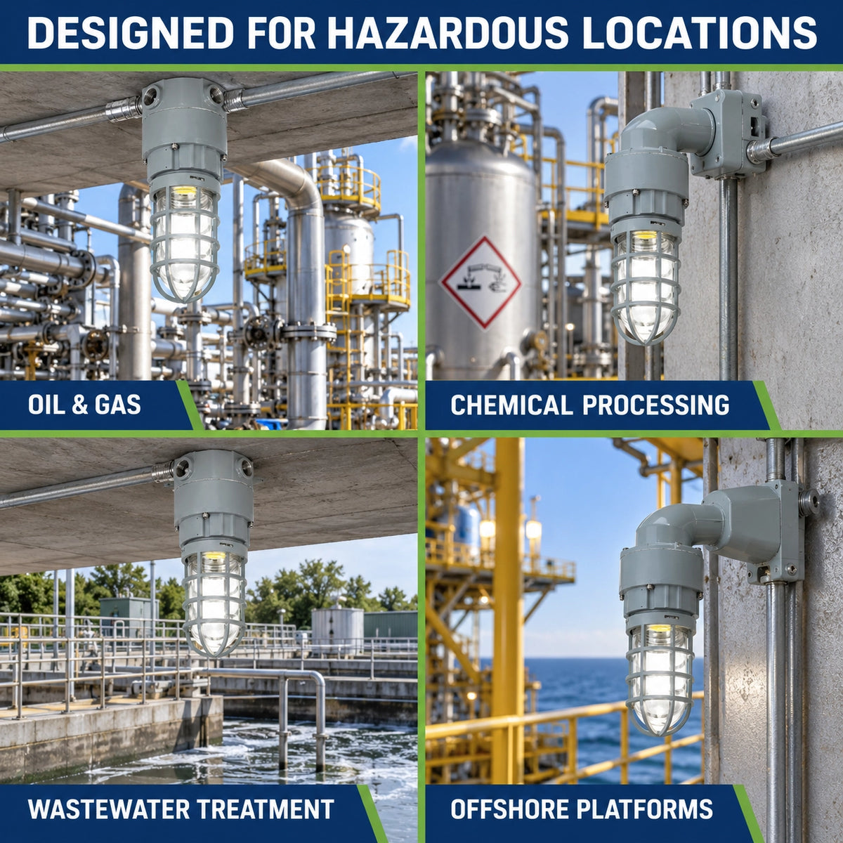 Hazardous location LED light for oil and gas, chemical processing, wastewater and offshore platforms