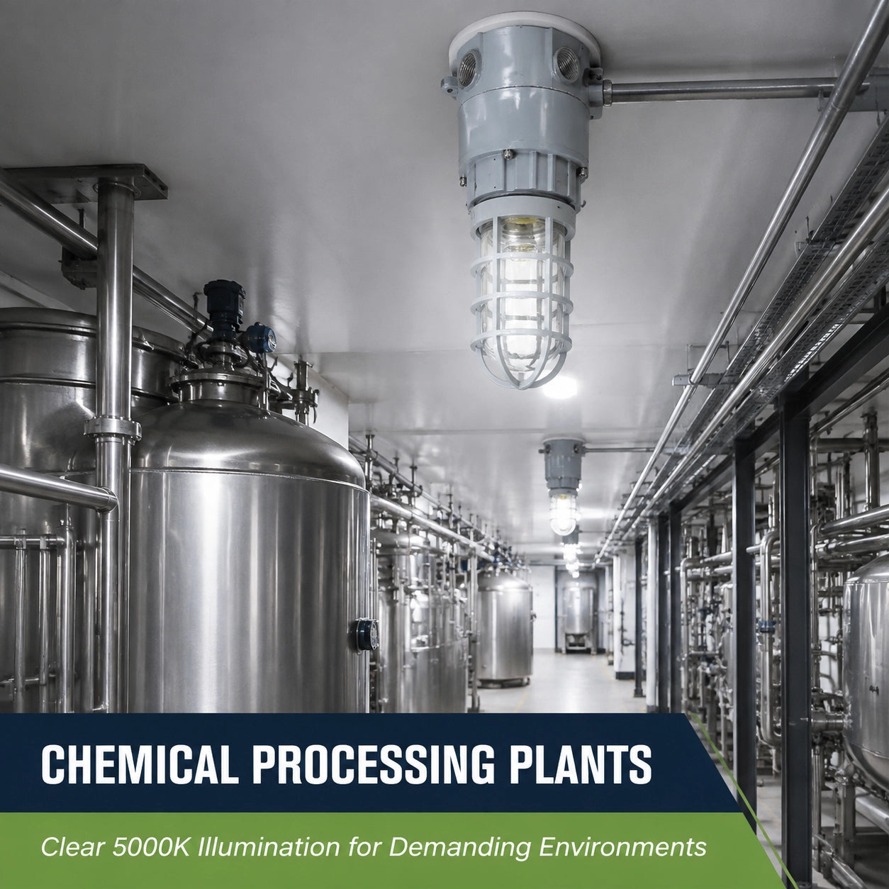 Ceiling-mounted explosion proof jelly jar light illuminating a chemical processing plant