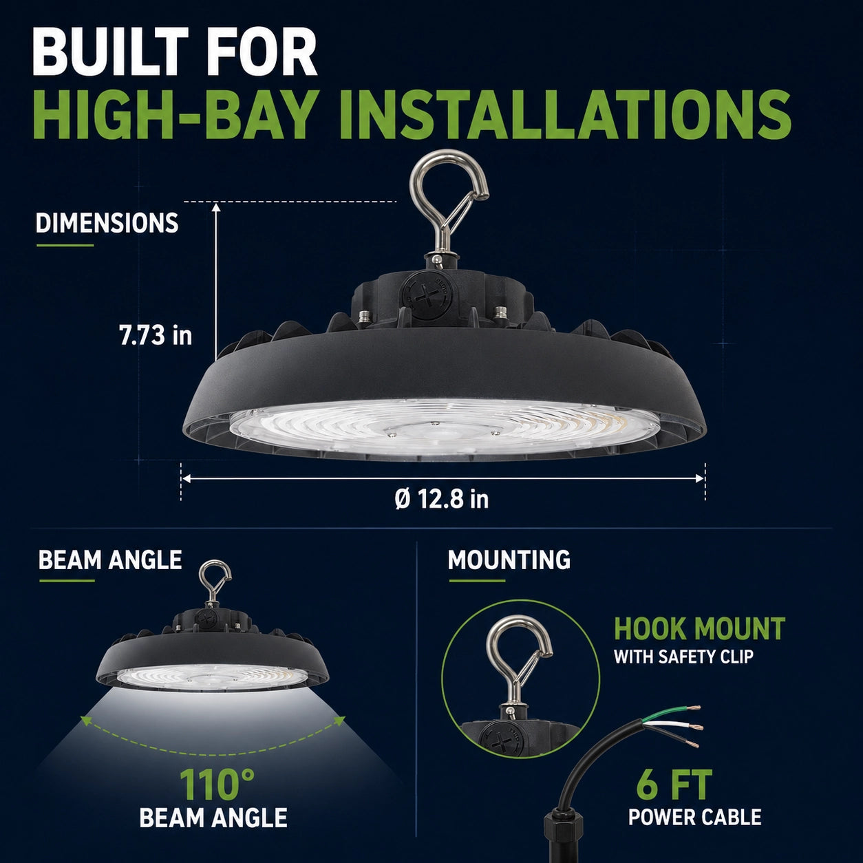 Industrial UFO LED high bay light with hook and pendant mounting options