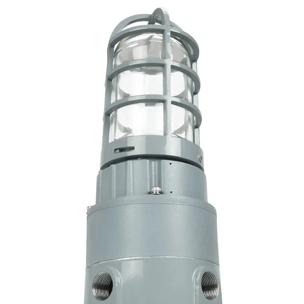 LED explosion proof light close-up showing protected glass globe and metal guard