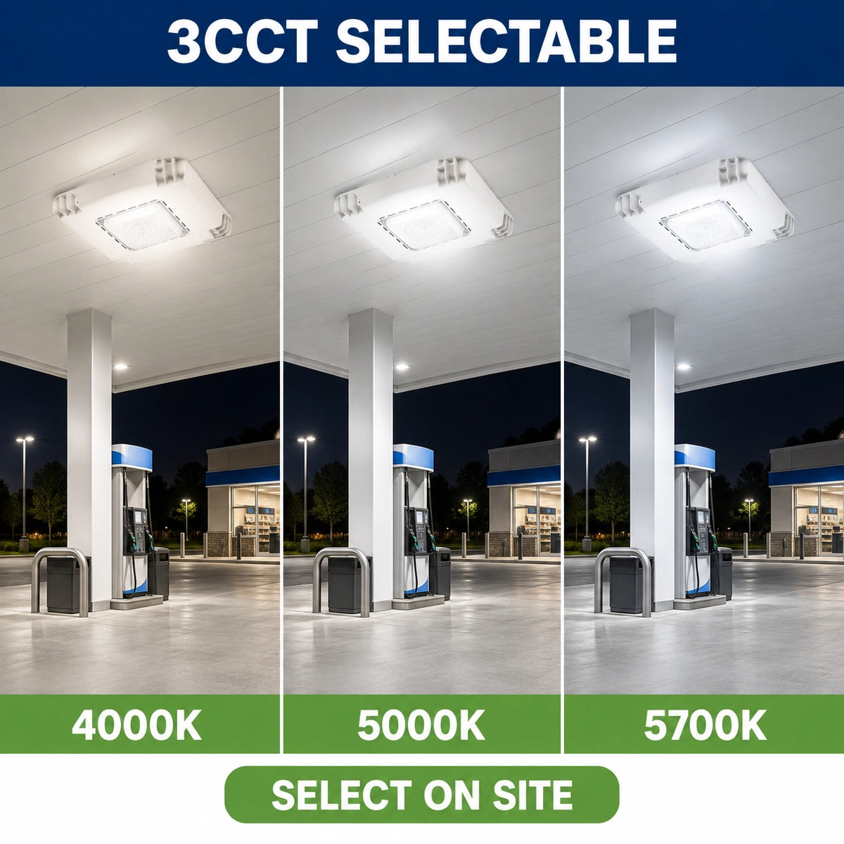 Gas station LED canopy light with selectable 4000K, 5000K and 5700K color temperatures shown side by side
