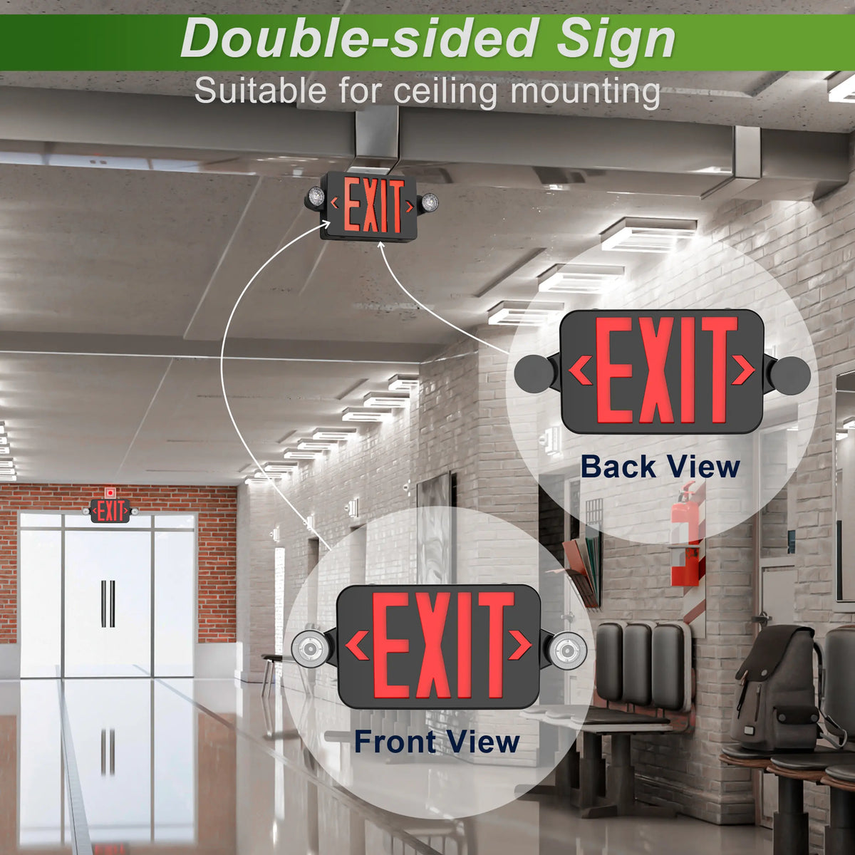 Red letter LED exit sign with black housing for offices warehouses and commercial buildings