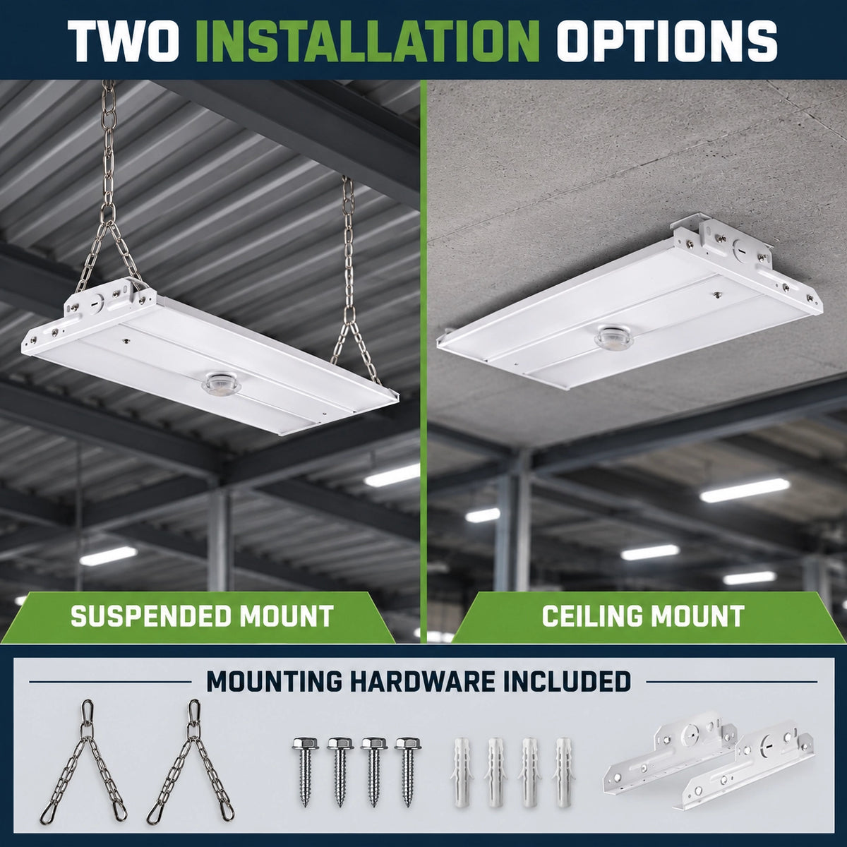 Selectable wattage linear high bay warehouse light with 110W 165W and 220W settings