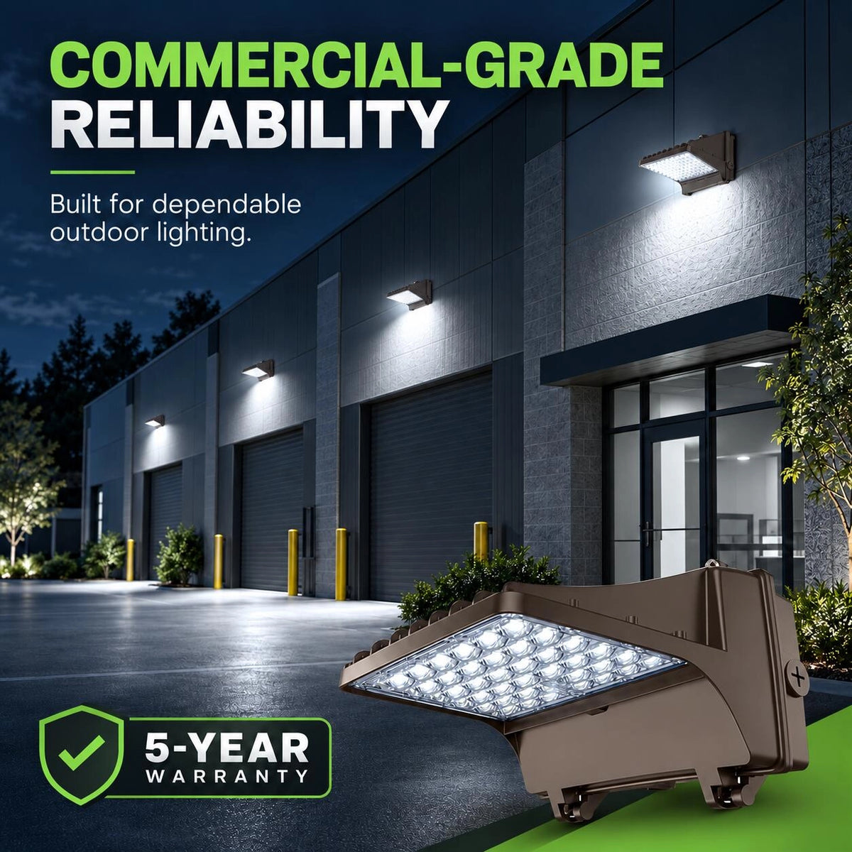 Selectable LED full cutoff wall pack rated at 130 lumens per watt for energy-efficient commercial exterior lighting