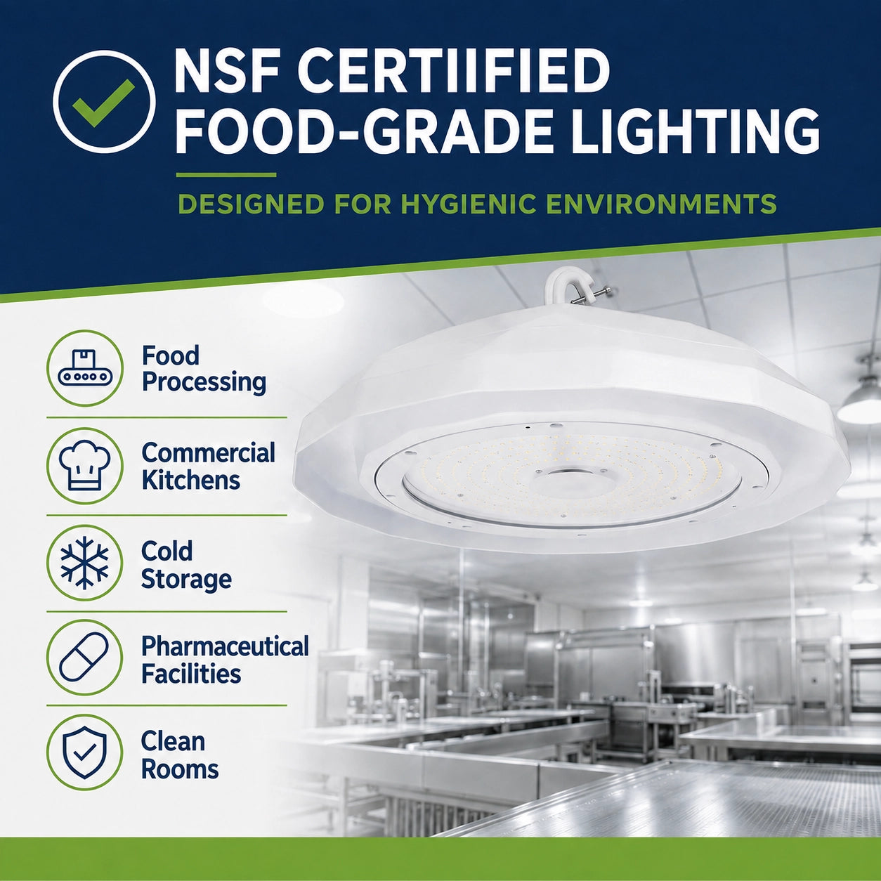 150W washdown LED high bay light with 5000K daylight for commercial kitchens and clean facilities