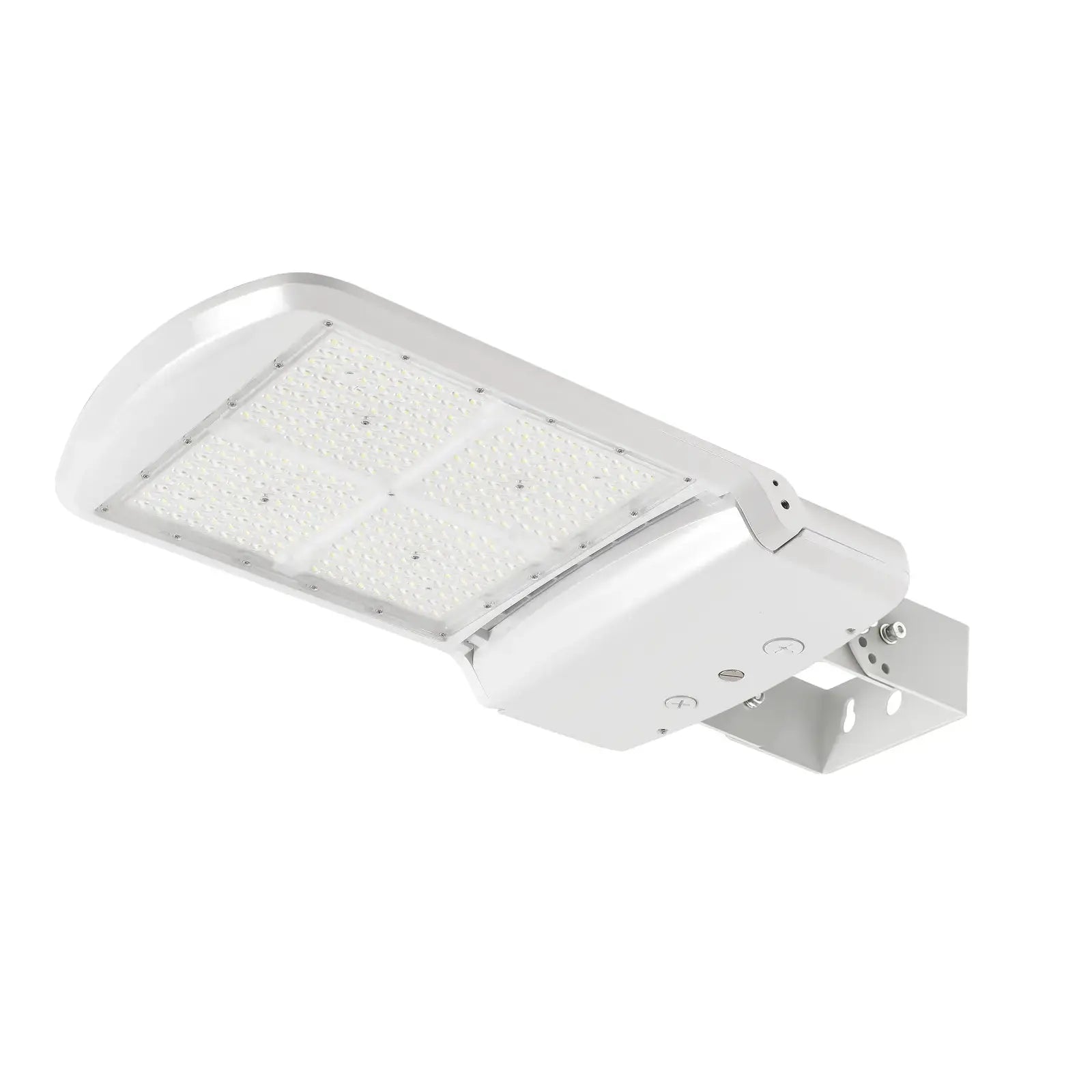 Angled view of white 200W 240W 300W selectable LED shoebox light with Type III distribution