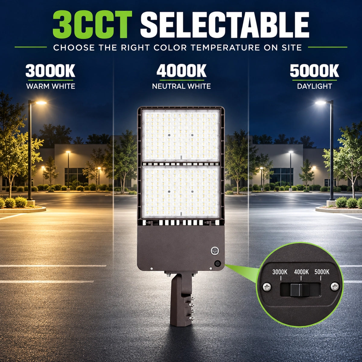 3CCT LED parking lot light with 3000K 4000K and 5000K selectable color temperatures