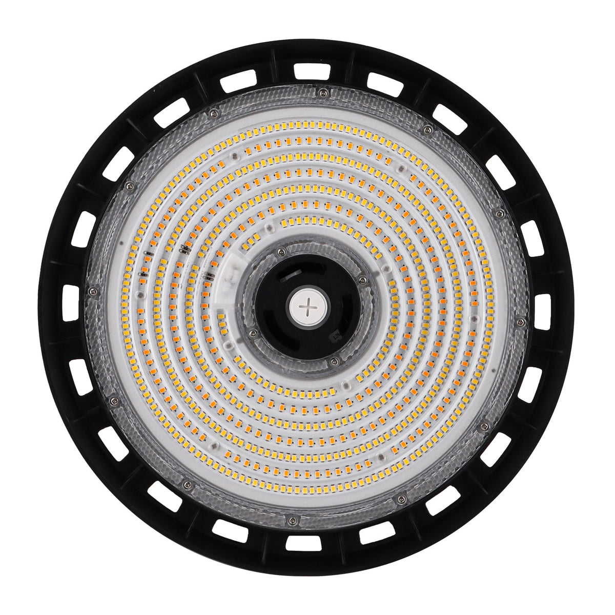 Bottom view of TANLITE 48,320 lumen UFO LED high bay light for industrial warehouse lighting