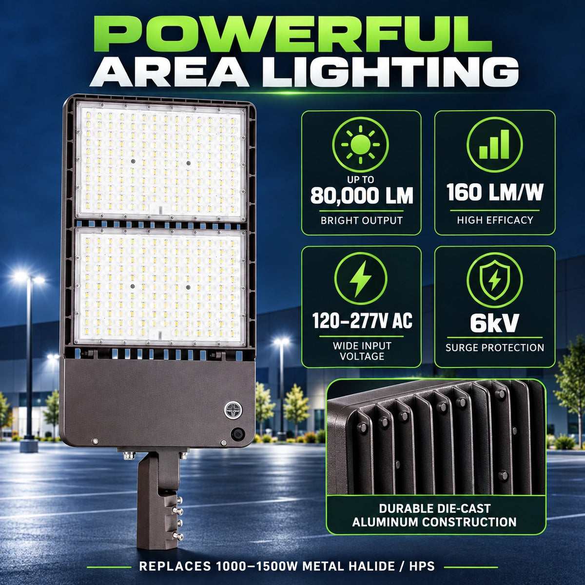 High output commercial LED area light for large parking lots, warehouses and outdoor properties