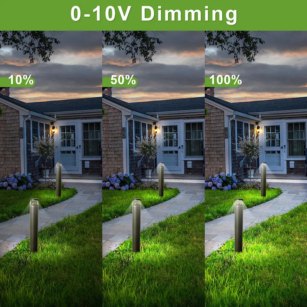 Multiple TANLITE LED Bollard Lights used in commercial landscape lighting, UL listed and IP65 rated