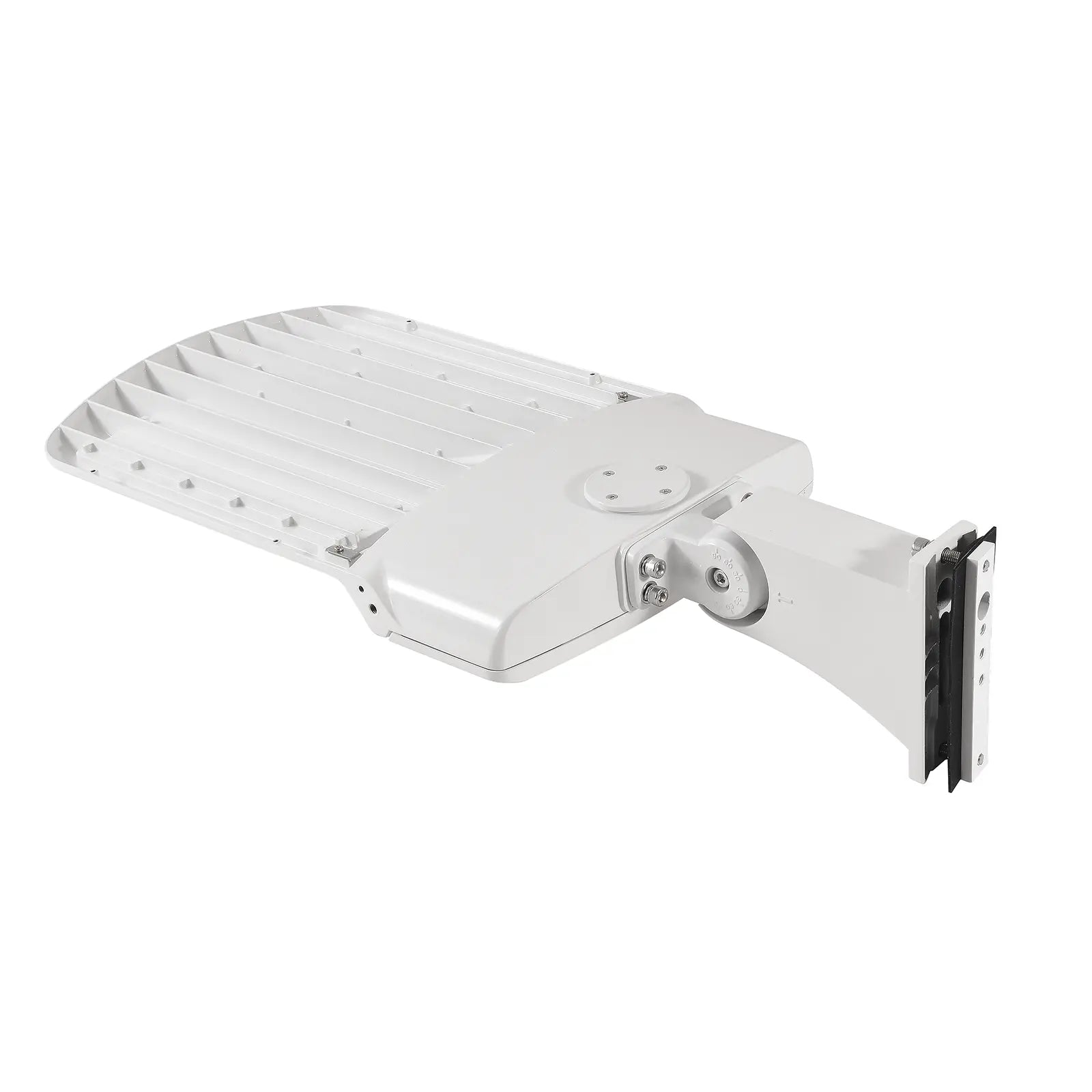 White commercial LED shoebox area light with ribbed heat sink for efficient heat dissipation