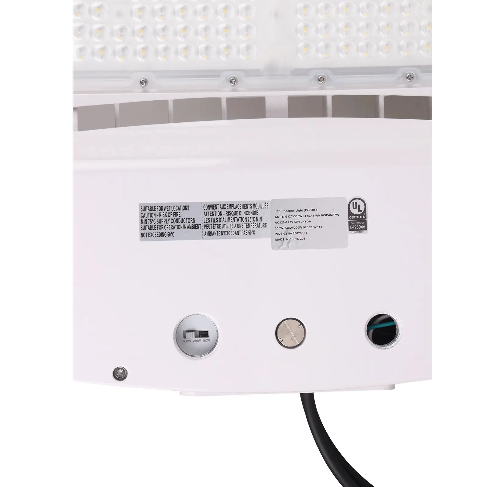 Close-up of selectable LED shoebox light controls, product label and electrical connections