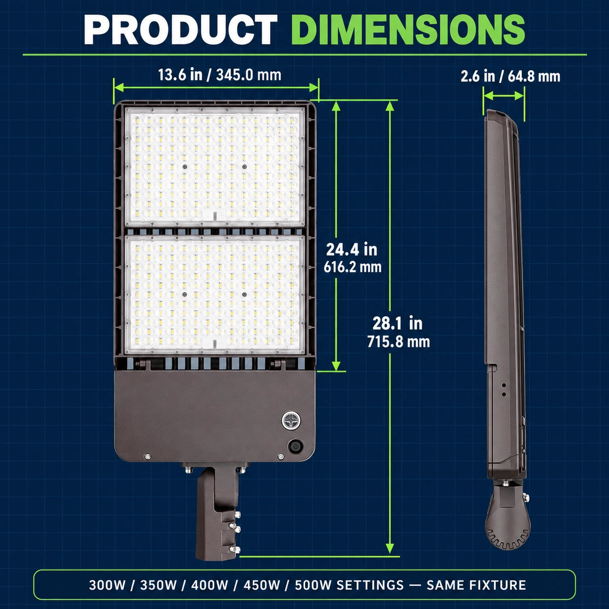 LED shoebox parking lot light with adjustable slip fitter mount for round pole tenon installation