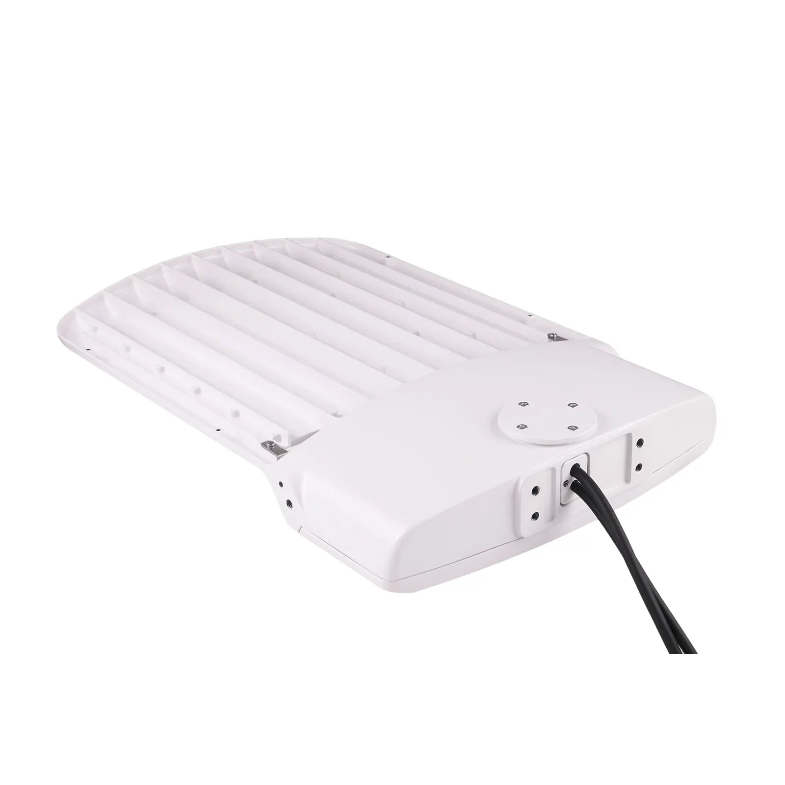 Rear view of white commercial LED area light housing and power cable connection