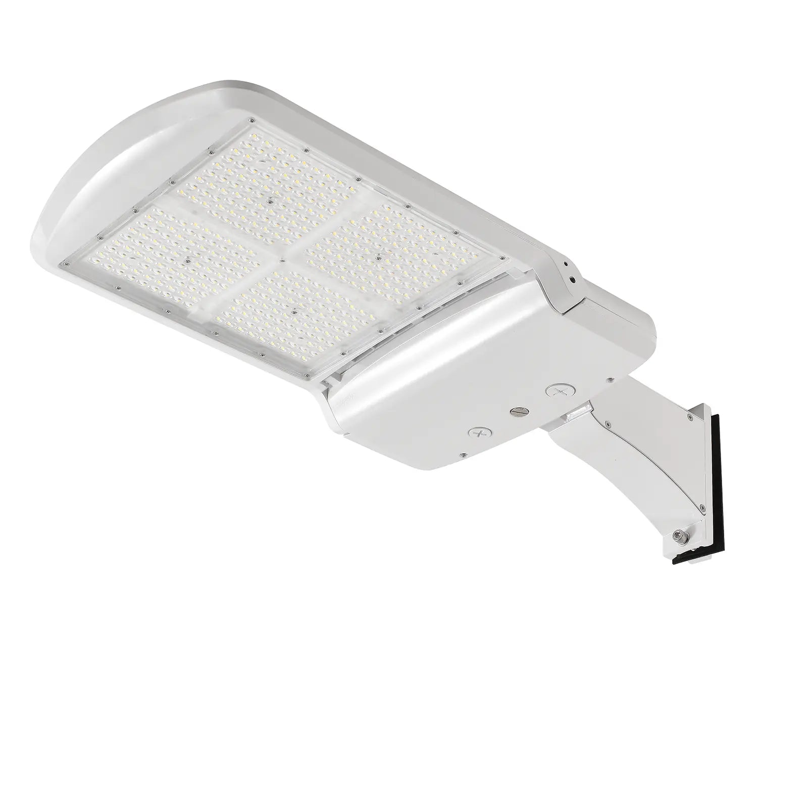 Side view of TANLITE white LED parking lot light with adjustable pole mounting bracket