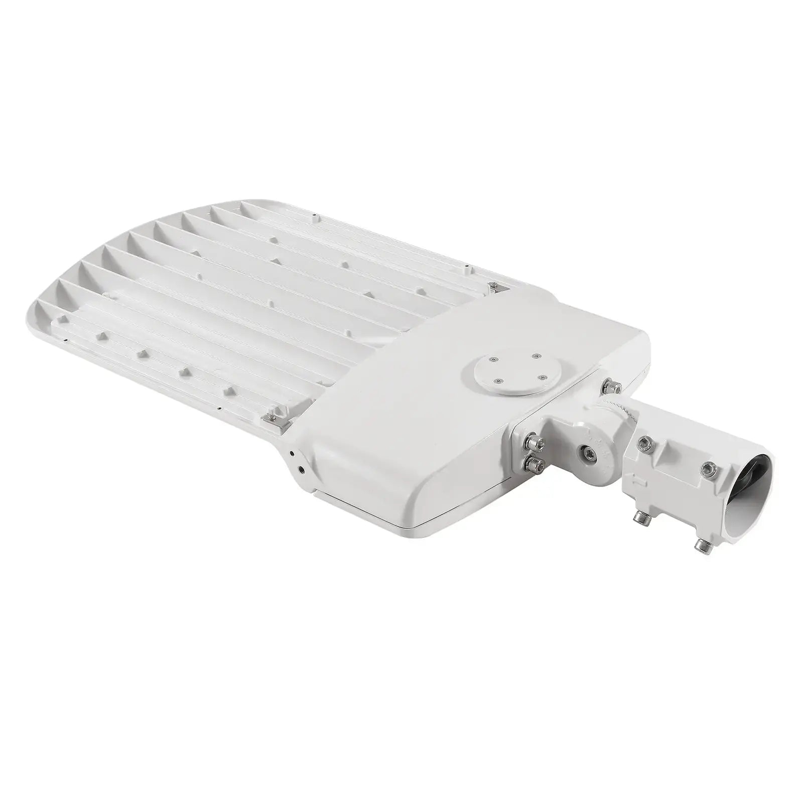Rear view of white LED shoebox light with die-cast aluminum heat sink housing