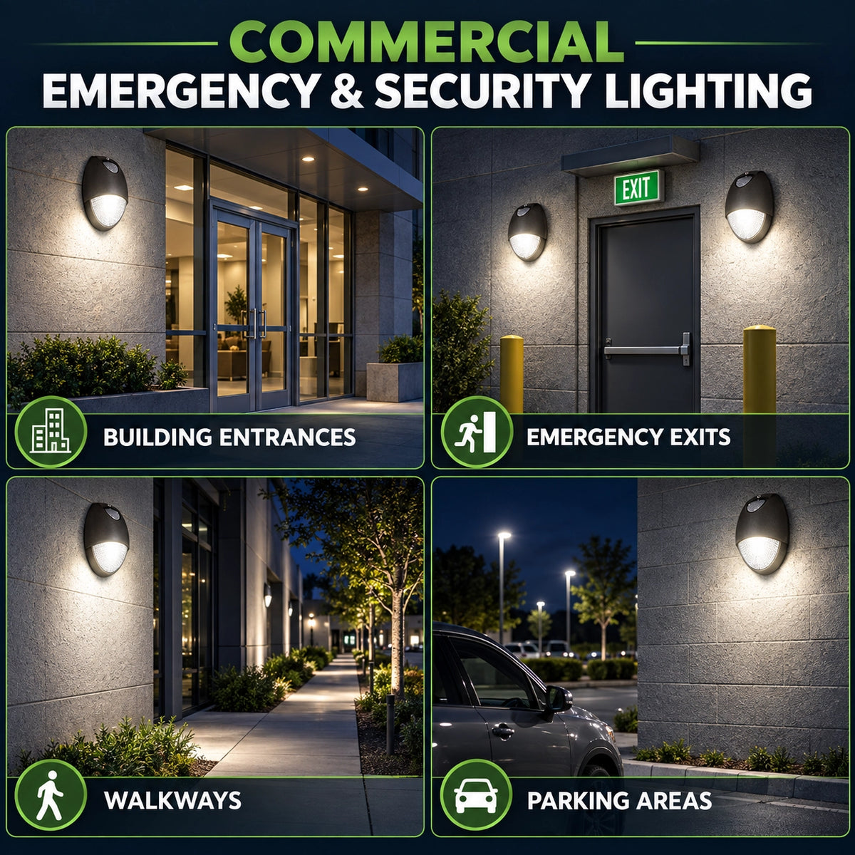 Wall mount outdoor emergency LED light with tear drop housing for commercial building applications