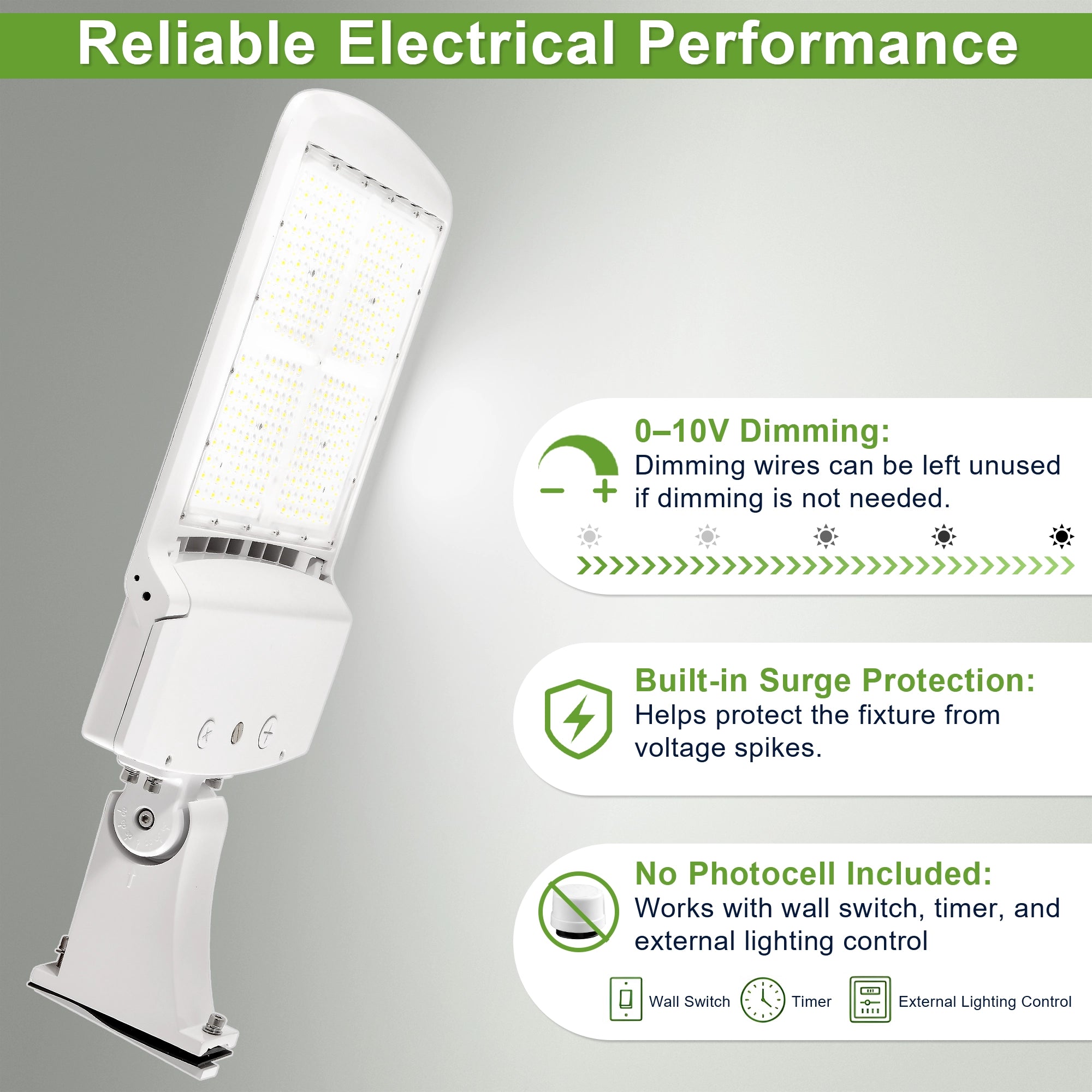 White selectable LED parking lot light with direct arm mount for square or round poles