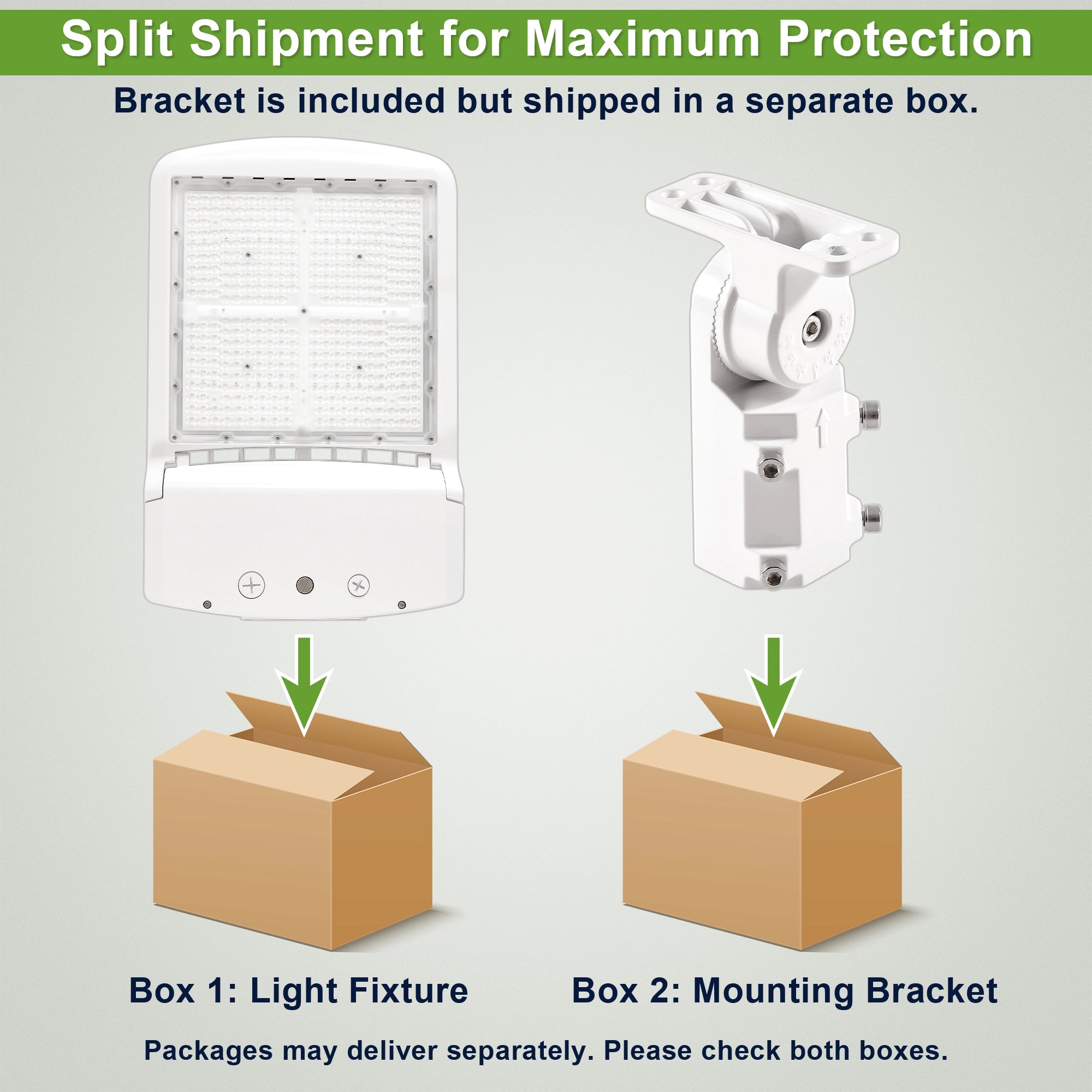 White LED shoebox area light with slip fitter mount for parking lot pole installation