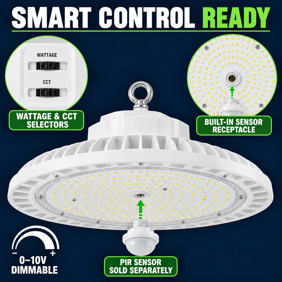 White UFO high bay with wattage and CCT switches, 0–10V dimming and center receptacle for an optional PIR sensor sold separately