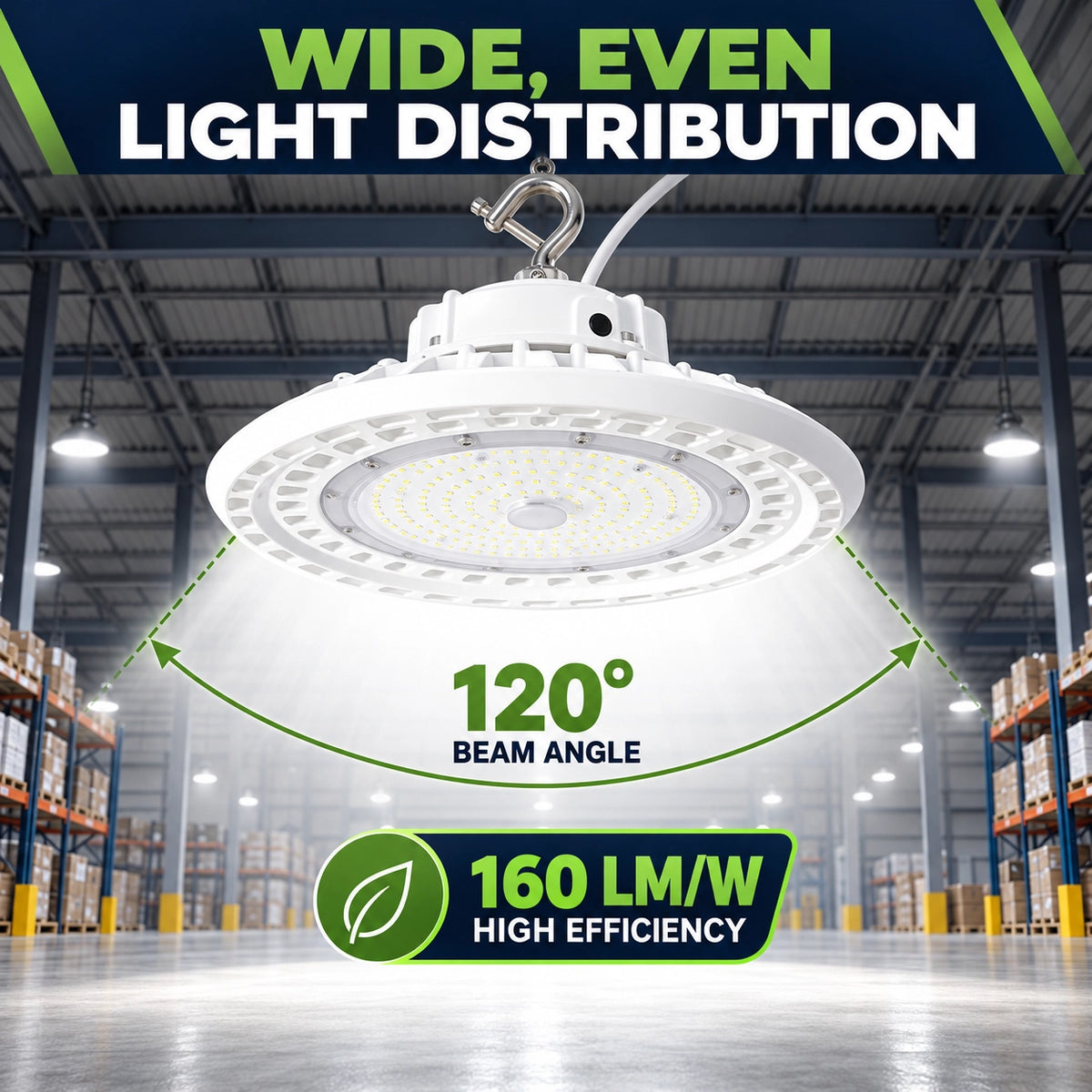 White LED UFO high bay in a warehouse showing 120-degree light distribution and 160 lm/W efficacy