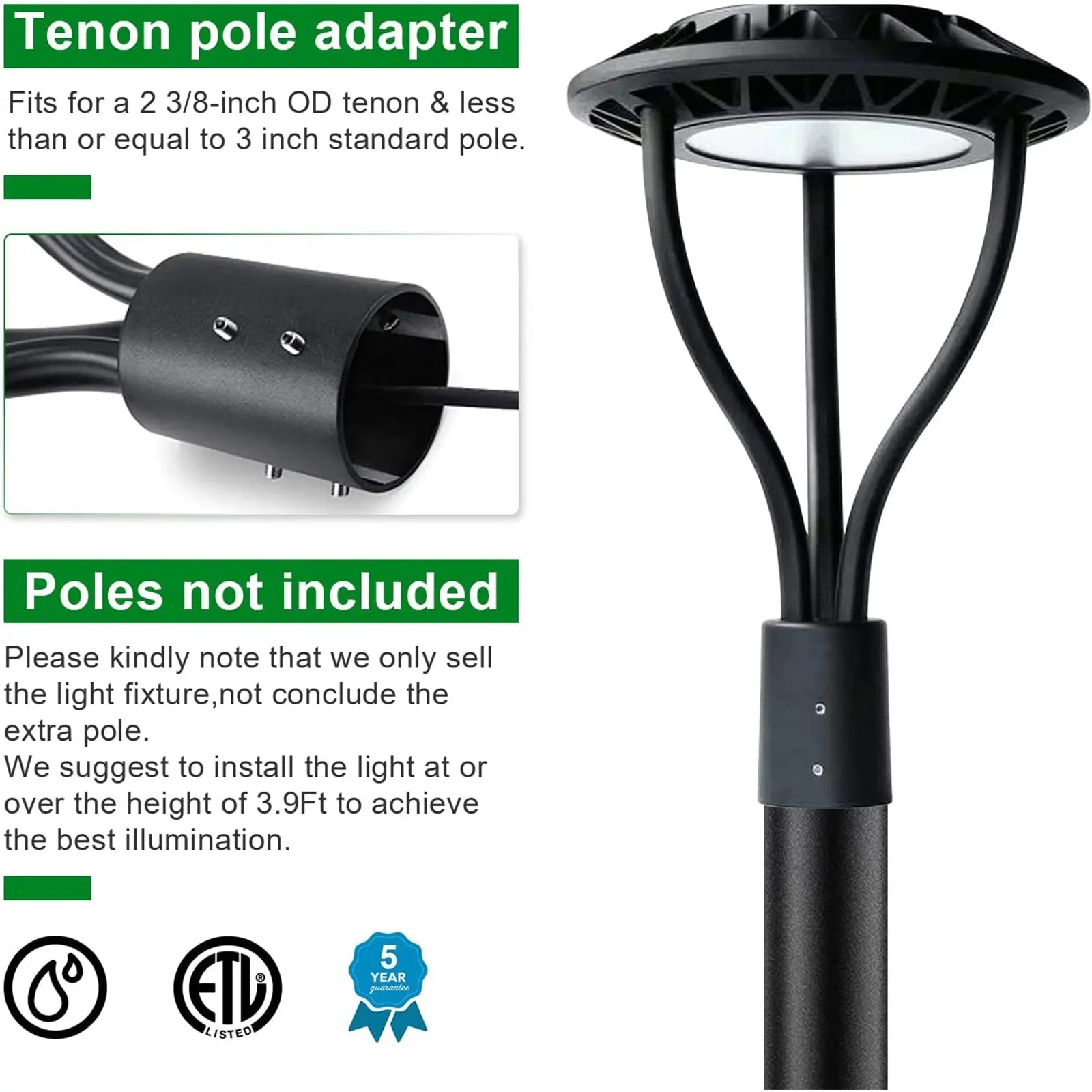 LED Post Top Light-20W/30W/40W/60W Selectable-CCT 3000K/4000K/5000K Selectable-Outdoor Waterproof-Compatible Photocell-5 Years Warranty TANLITE