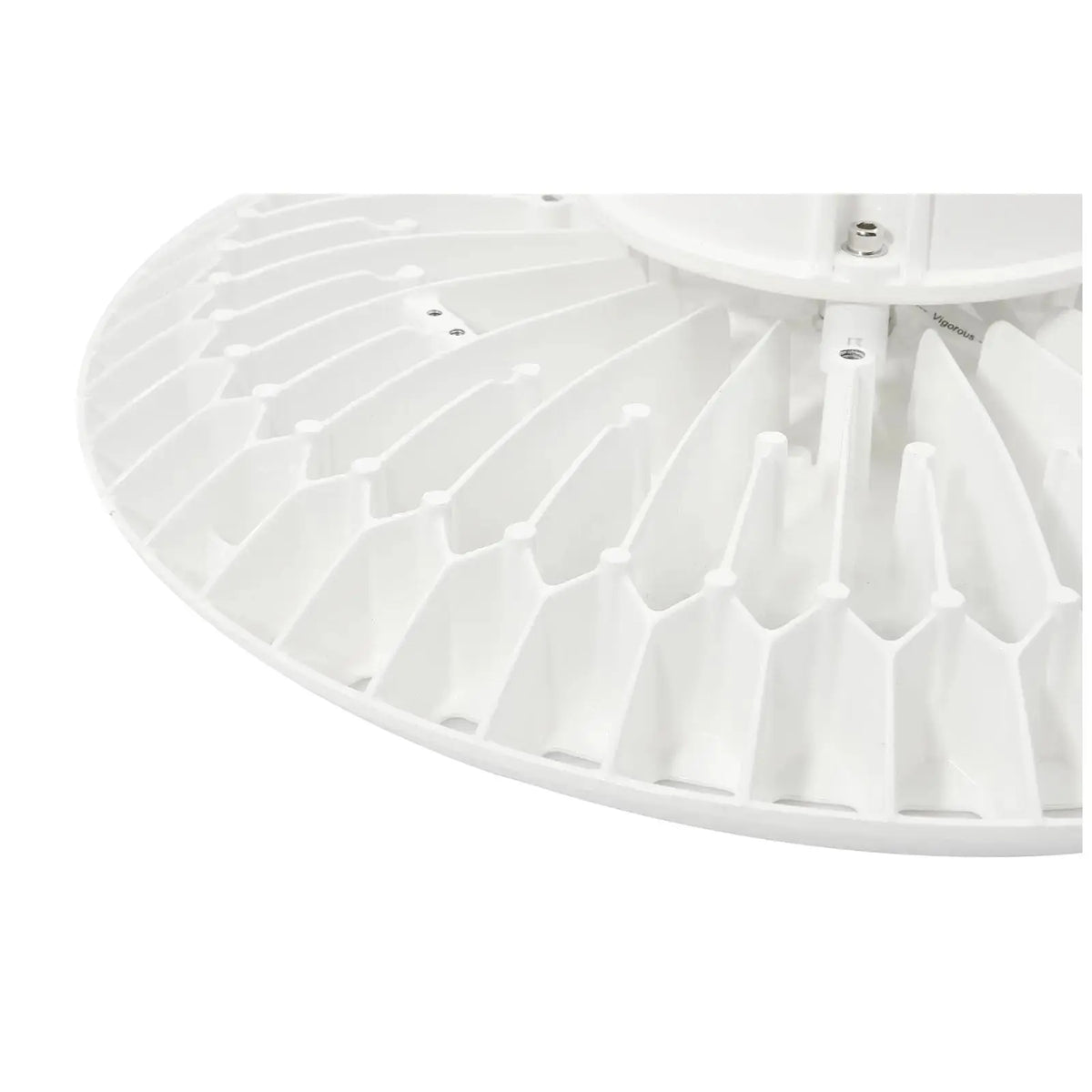 Close-up of the white UFO LED high bay aluminum housing and radial heat sink fins