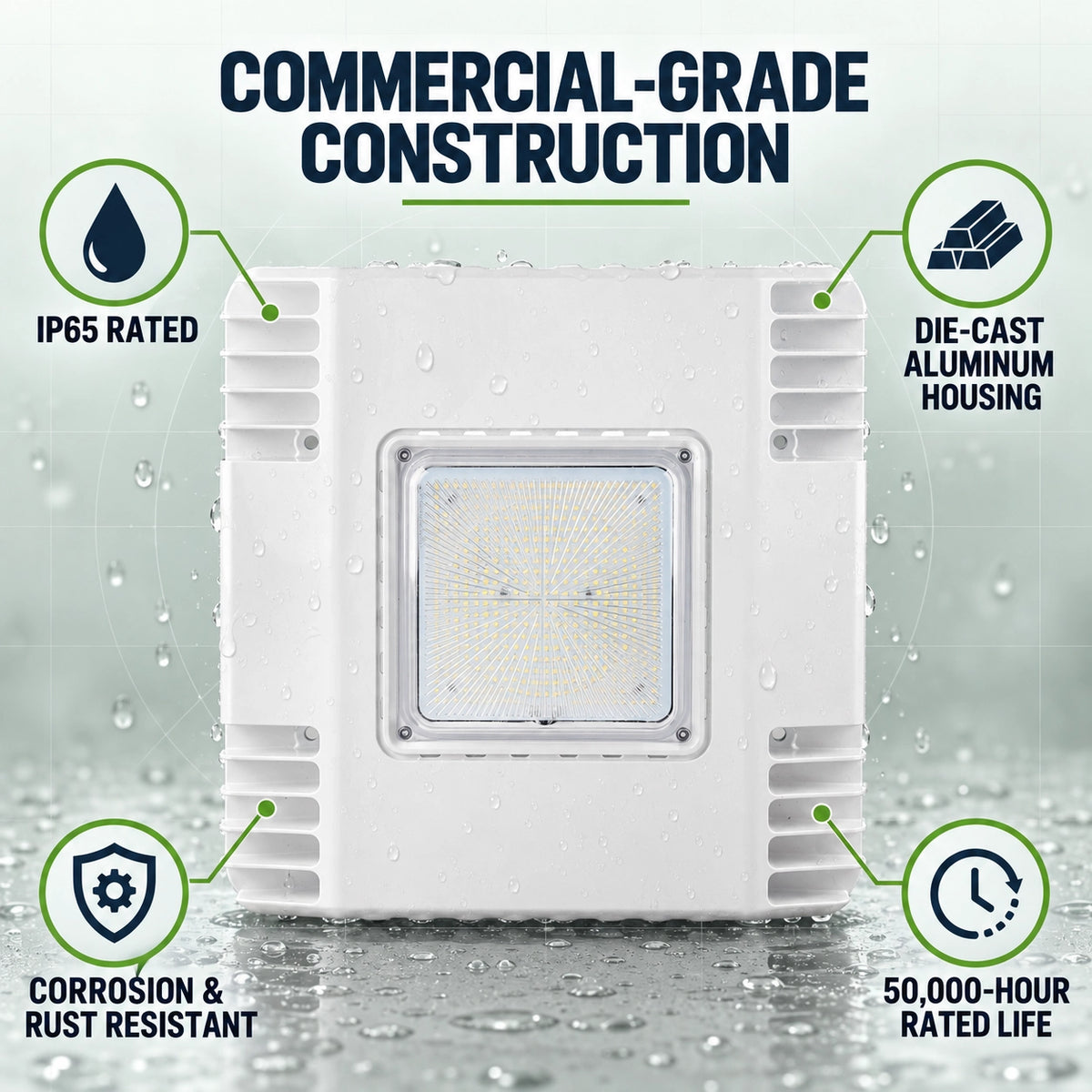 100-277V LED canopy light for commercial gas station and parking garage lighting systems