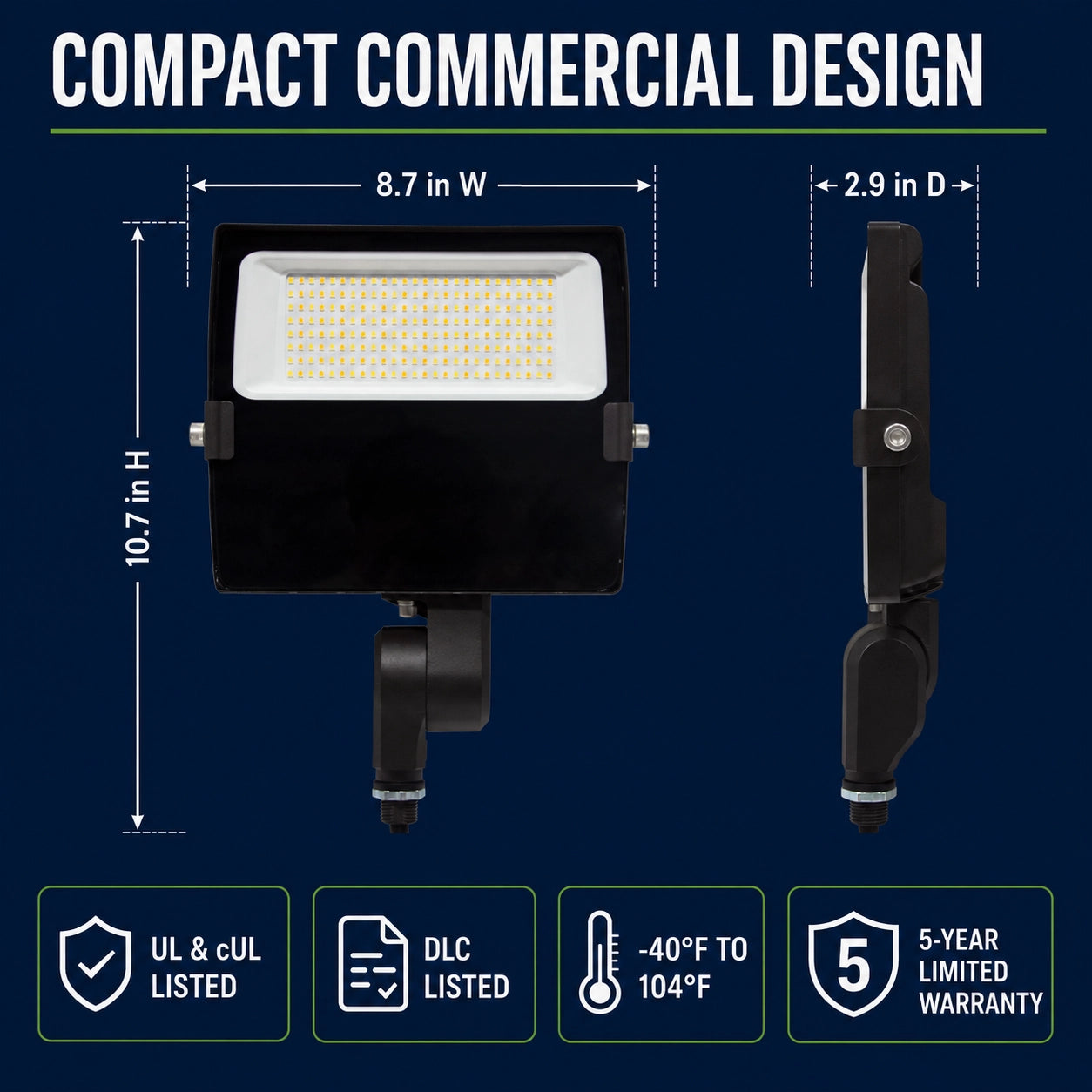 120-277V LED flood light with 0-10V dimming for commercial and industrial outdoor applications