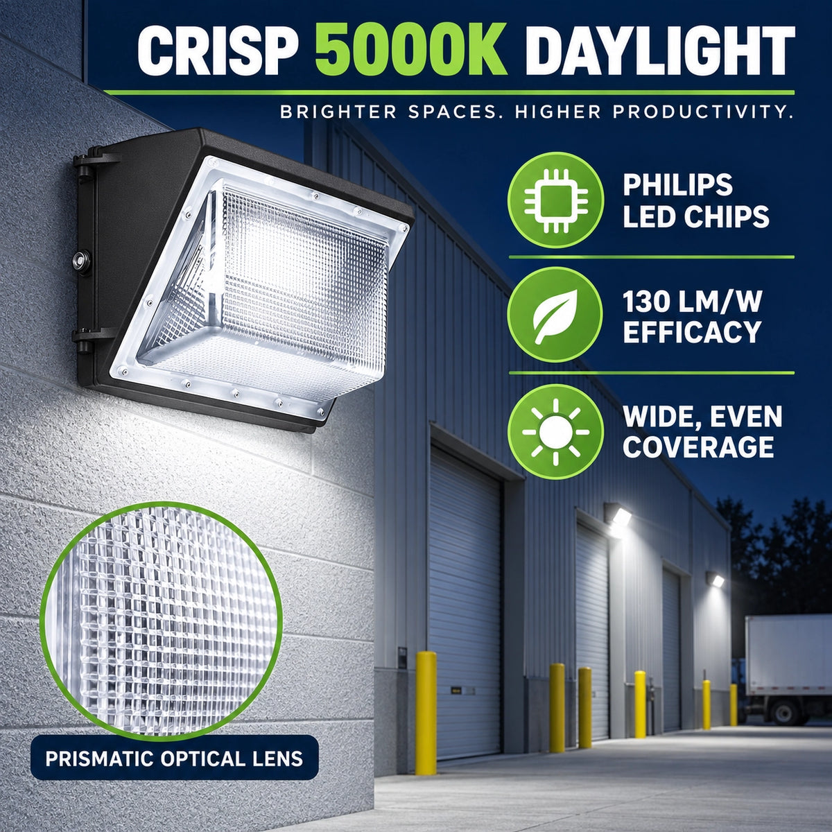 150W LED wall pack light with 120-277V input for commercial and industrial exterior lighting