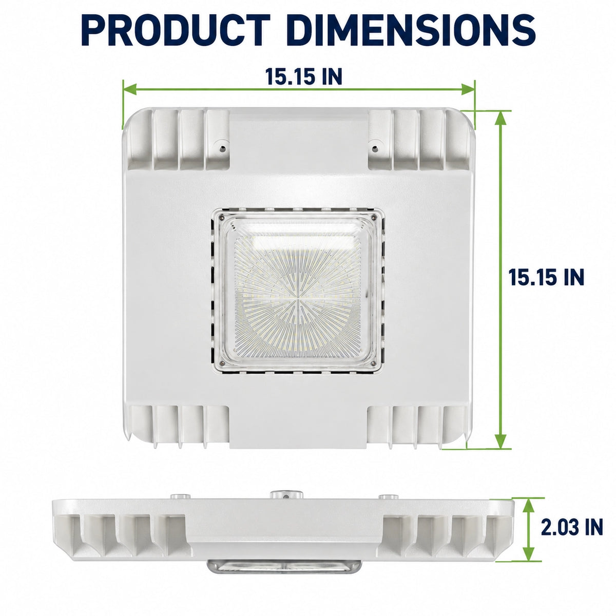 LED canopy light dimension diagram showing 15.15-inch square housing and 2.03-inch height