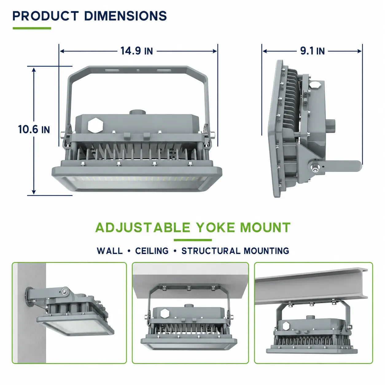 150W explosion proof flood light dimensions with adjustable yoke mount for wall ceiling or structural installation