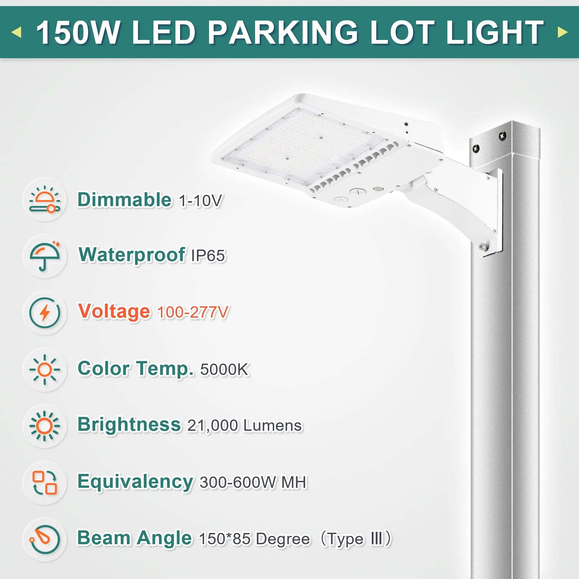 LED pole light illuminating parking lot at night, 5000K daylight
