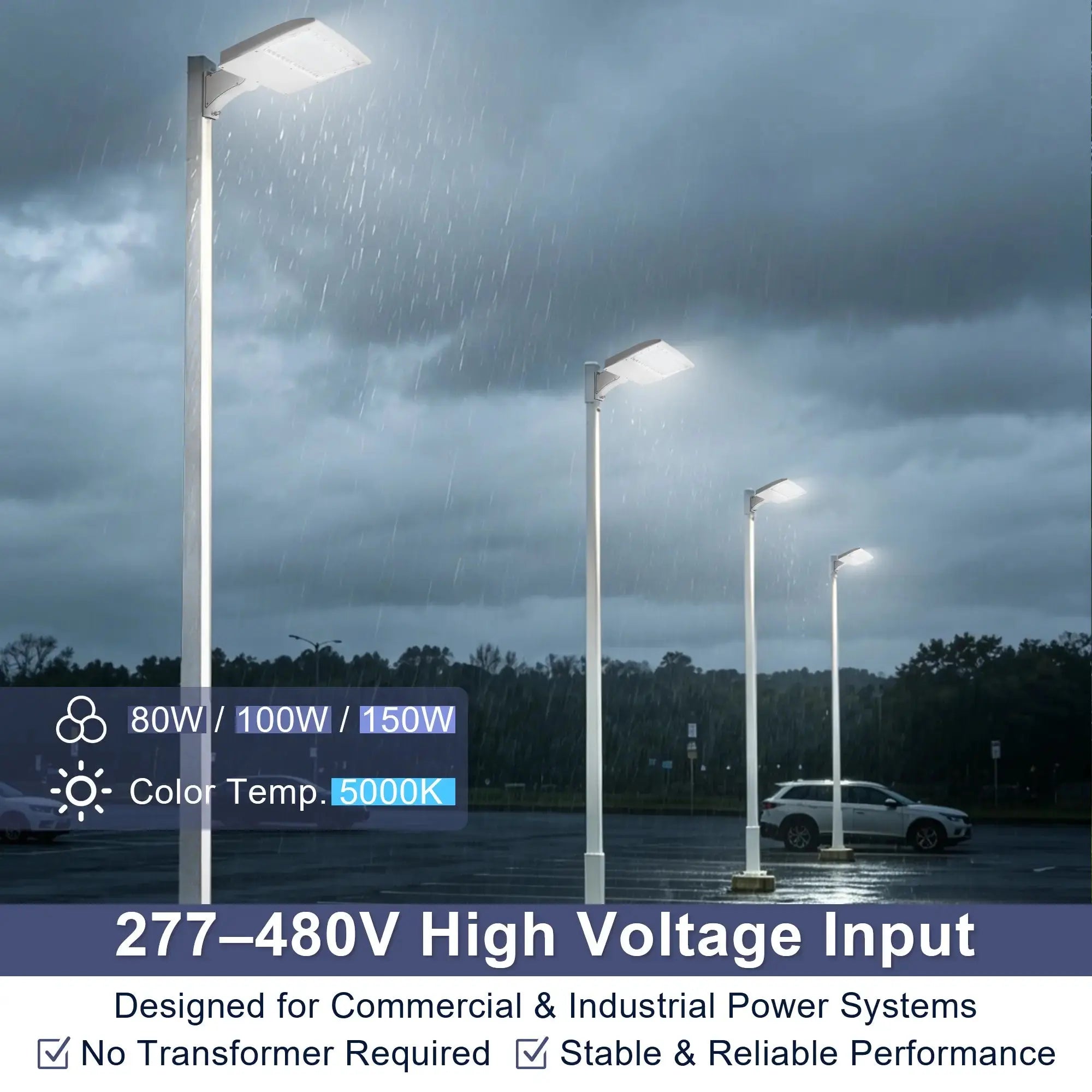 LED Shoebox Parking Lot Light 277-480V - 80-150W Selectable - White Housing - 21000LM Outdoor Commercial Lighting