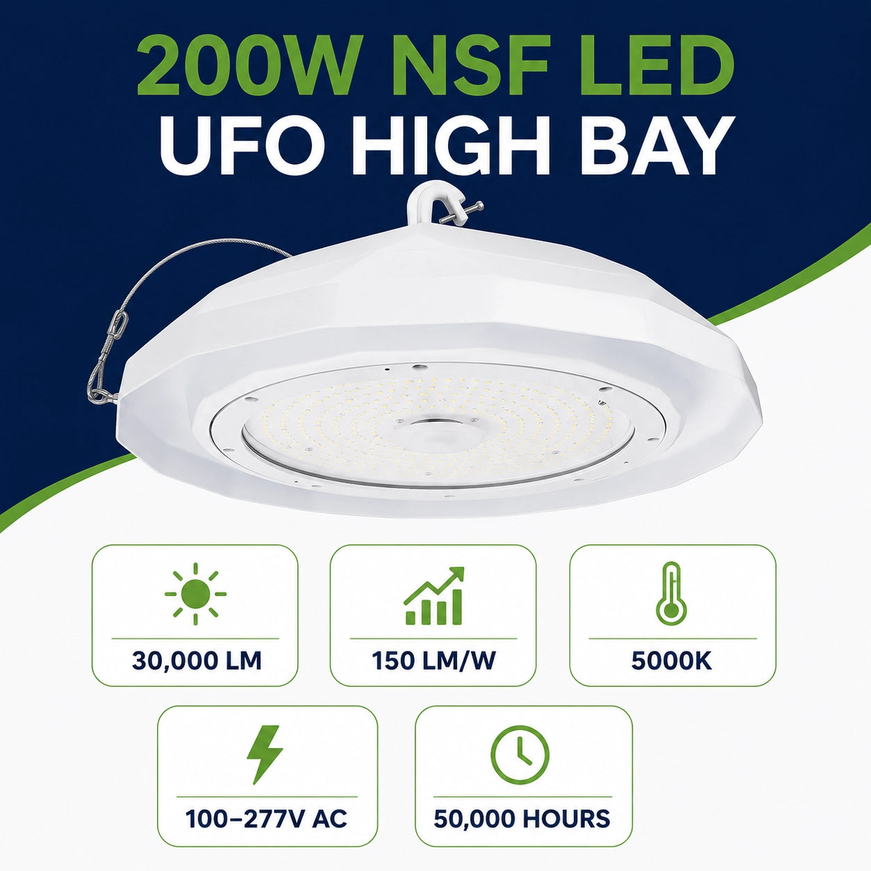 200W NSF LED UFO high bay light for food processing and commercial kitchen lighting