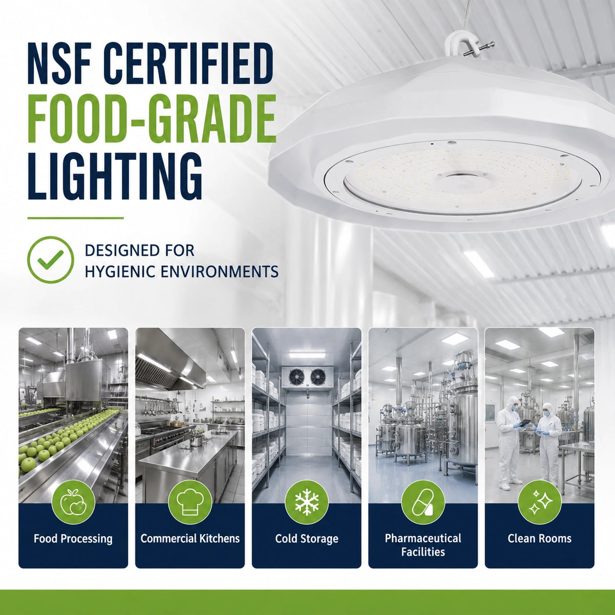 30,000 lumen NSF food grade LED high bay light for bright industrial washdown areas