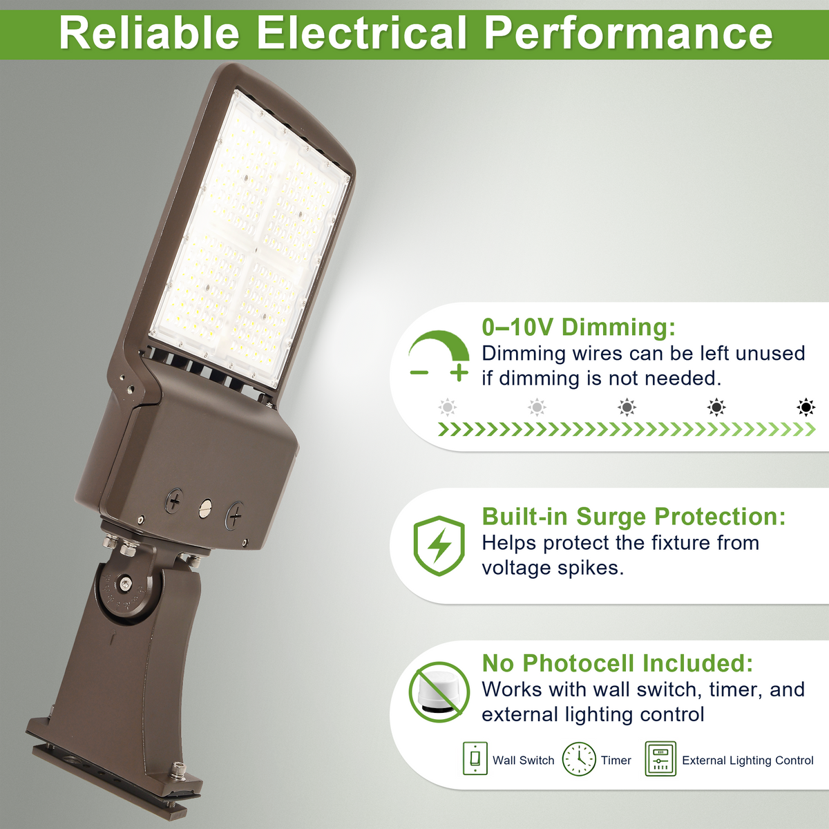 Direct arm LED parking lot light showing 0–10V dimming, surge protection and external controls; no photocell included