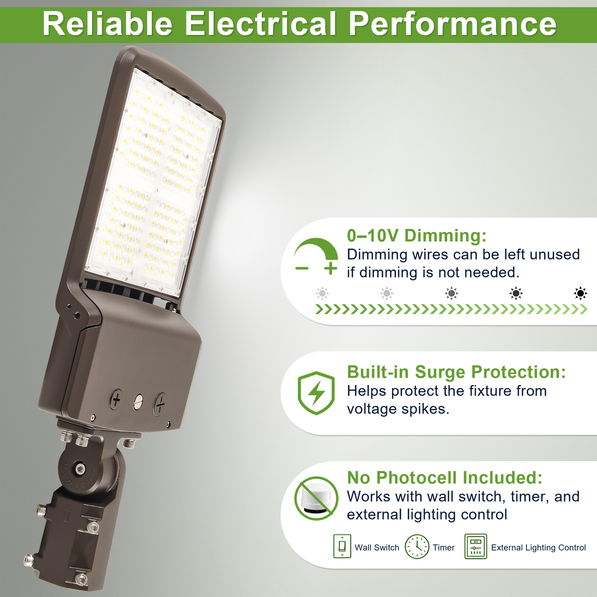 Slip fitter LED parking lot light showing 0–10V dimming, surge protection and external control options; no photocell included