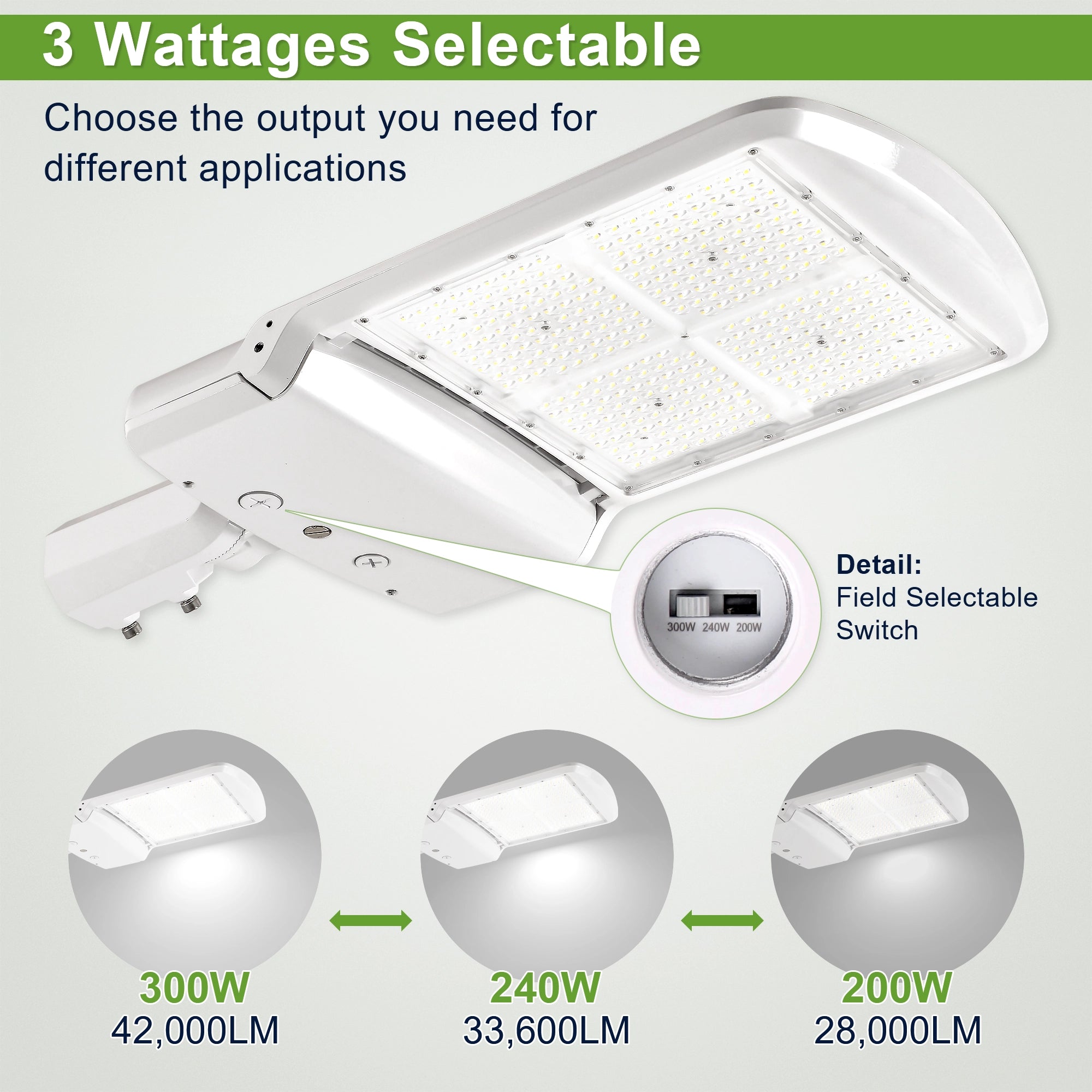 200W 240W 300W wattage selectable LED shoebox light in white housing