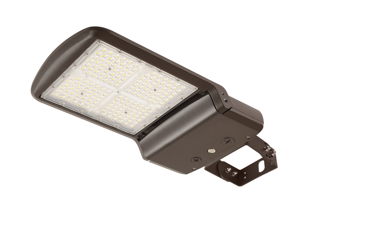 Dark bronze 300W 240W 200W selectable LED parking lot light, 277–480V, with adjustable yoke bracket