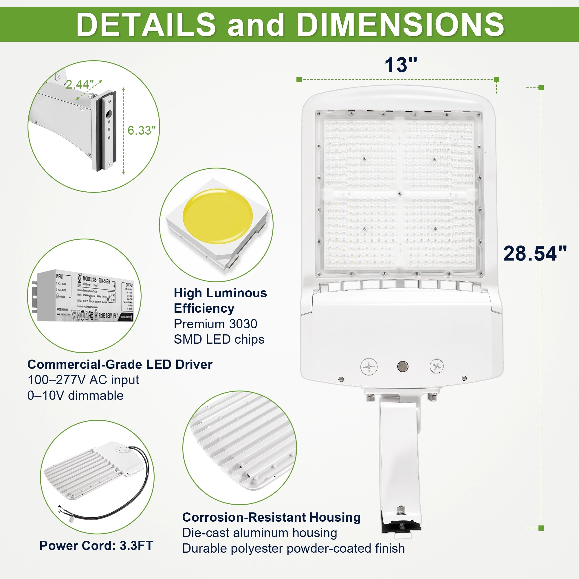 300W white LED shoebox parking lot light with direct arm pole mounting option