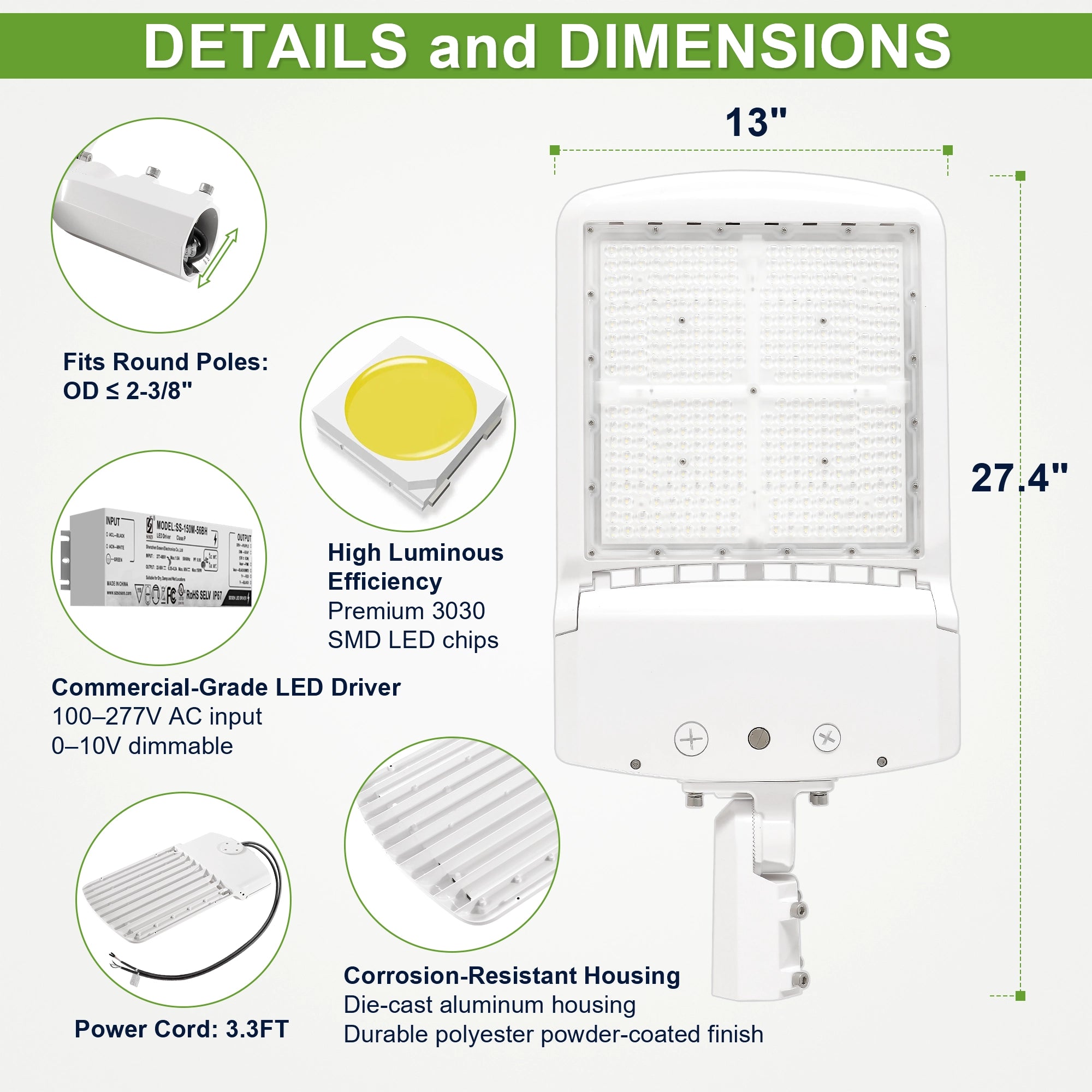 300W white LED shoebox parking lot light with adjustable slip fitter mounting option