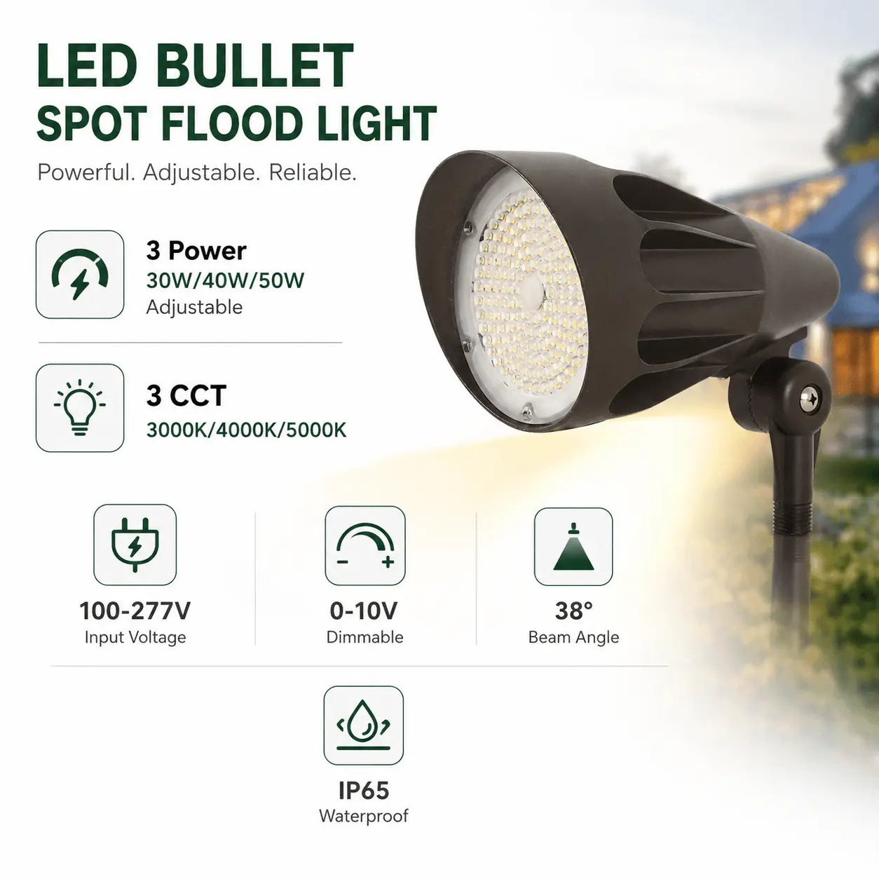 30W 40W 50W selectable LED bullet flood light for outdoor landscape and accent lighting