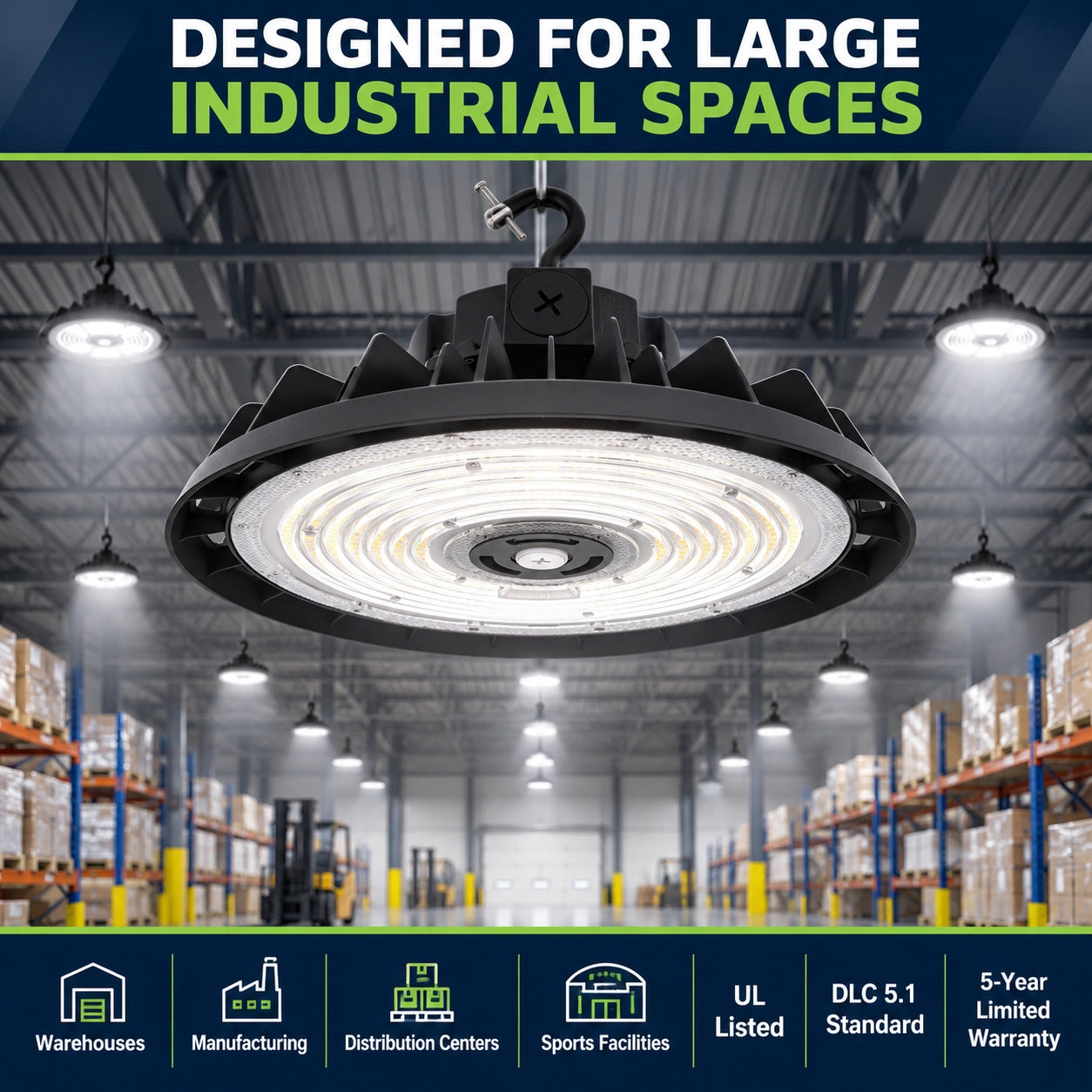 320W selectable UFO LED high bay with G-hook mount for high-ceiling industrial installation