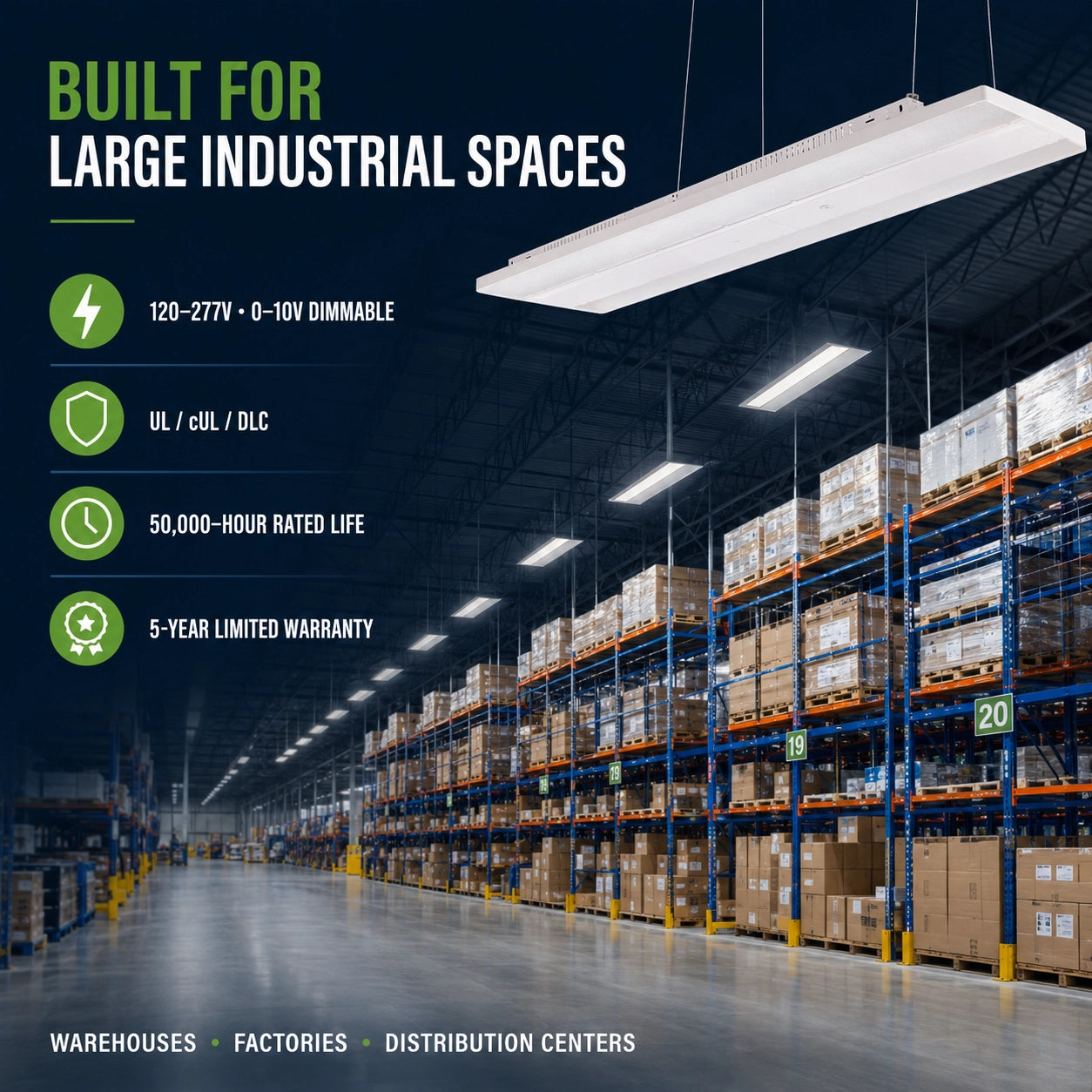 400W LED linear high bay light delivering up to 58,000 lumens for high ceiling industrial spaces