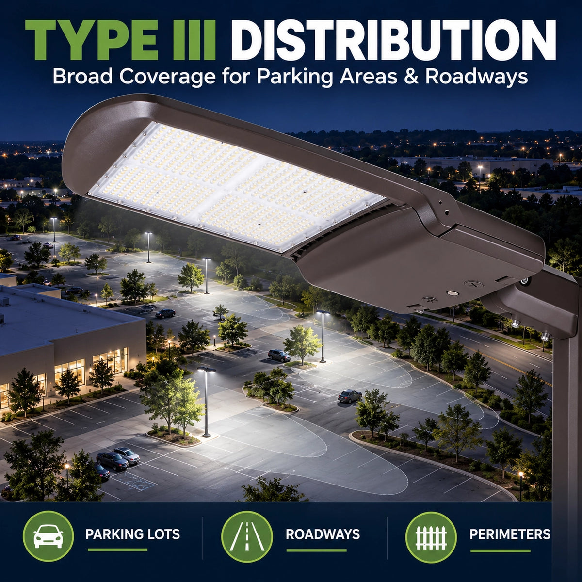 480W LED area light with Type III distribution and 5000K daylight for parking lots and perimeter lighting