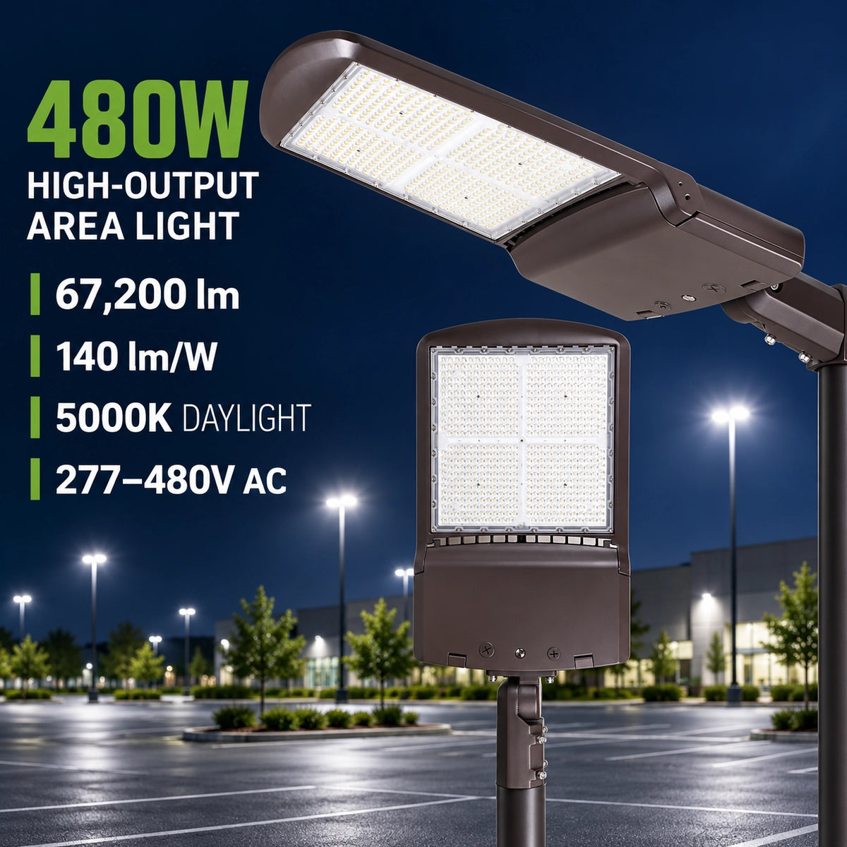 480W LED parking lot light delivering 67,200 lumens for large commercial parking areas and roadways
