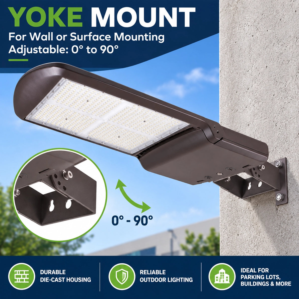 480W LED parking lot light with adjustable slip fitter mount for round tenons and poles
