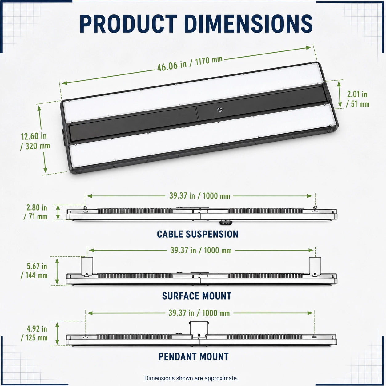 4FT LED linear high bay light dimension drawing for commercial warehouse and high ceiling installation planning