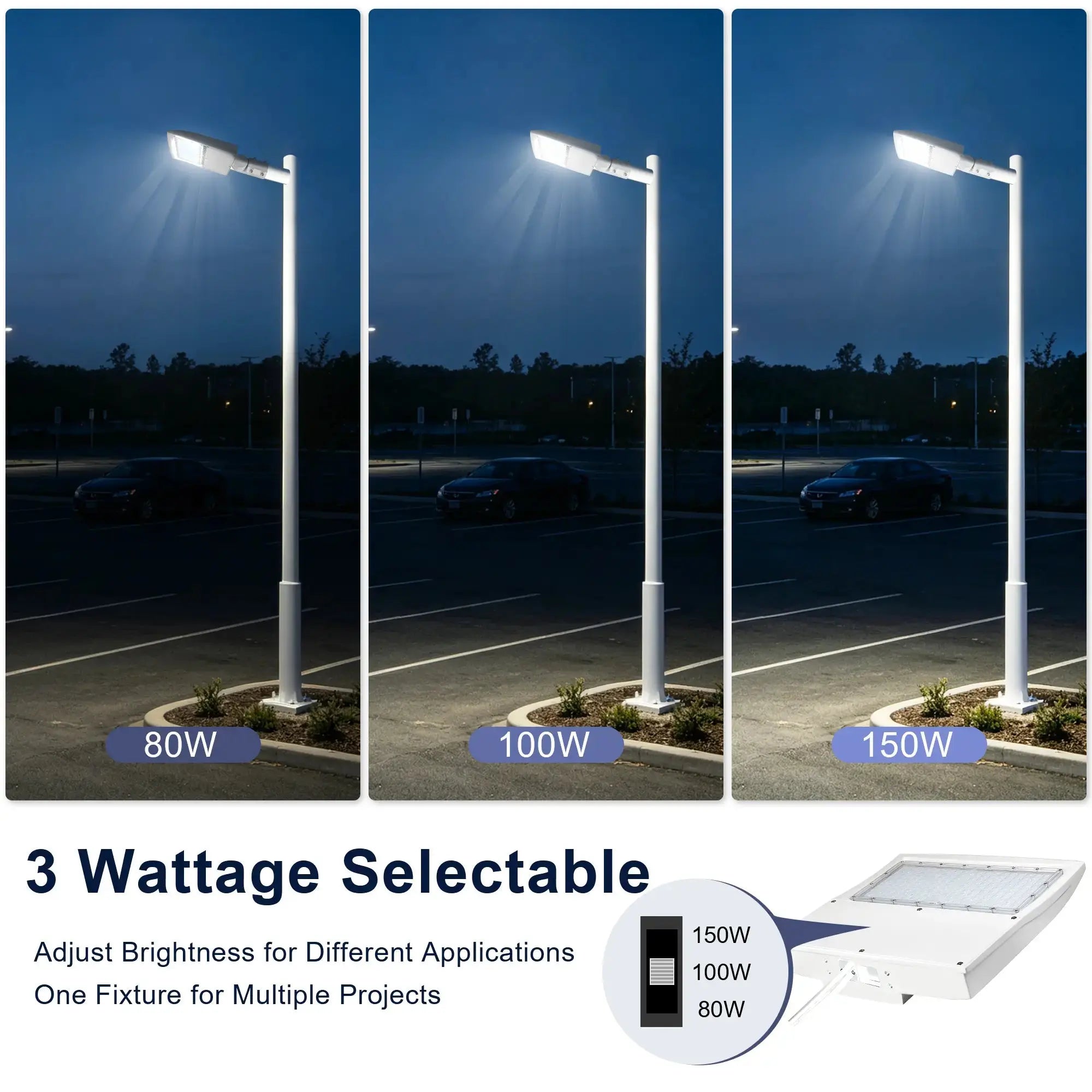 LED Shoebox Parking Lot Light 277-480V - 80-150W Selectable - White Housing - 21000LM Outdoor Commercial Lighting